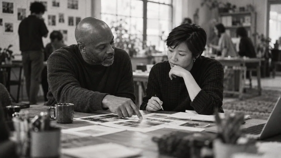 Generated black-and-white editorial photograph: A creative lead and designer review work together at a desk.