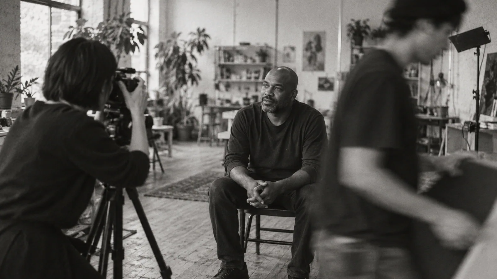 Generated black-and-white editorial photograph: A creative operator frames a shoot while an assistant moves past.