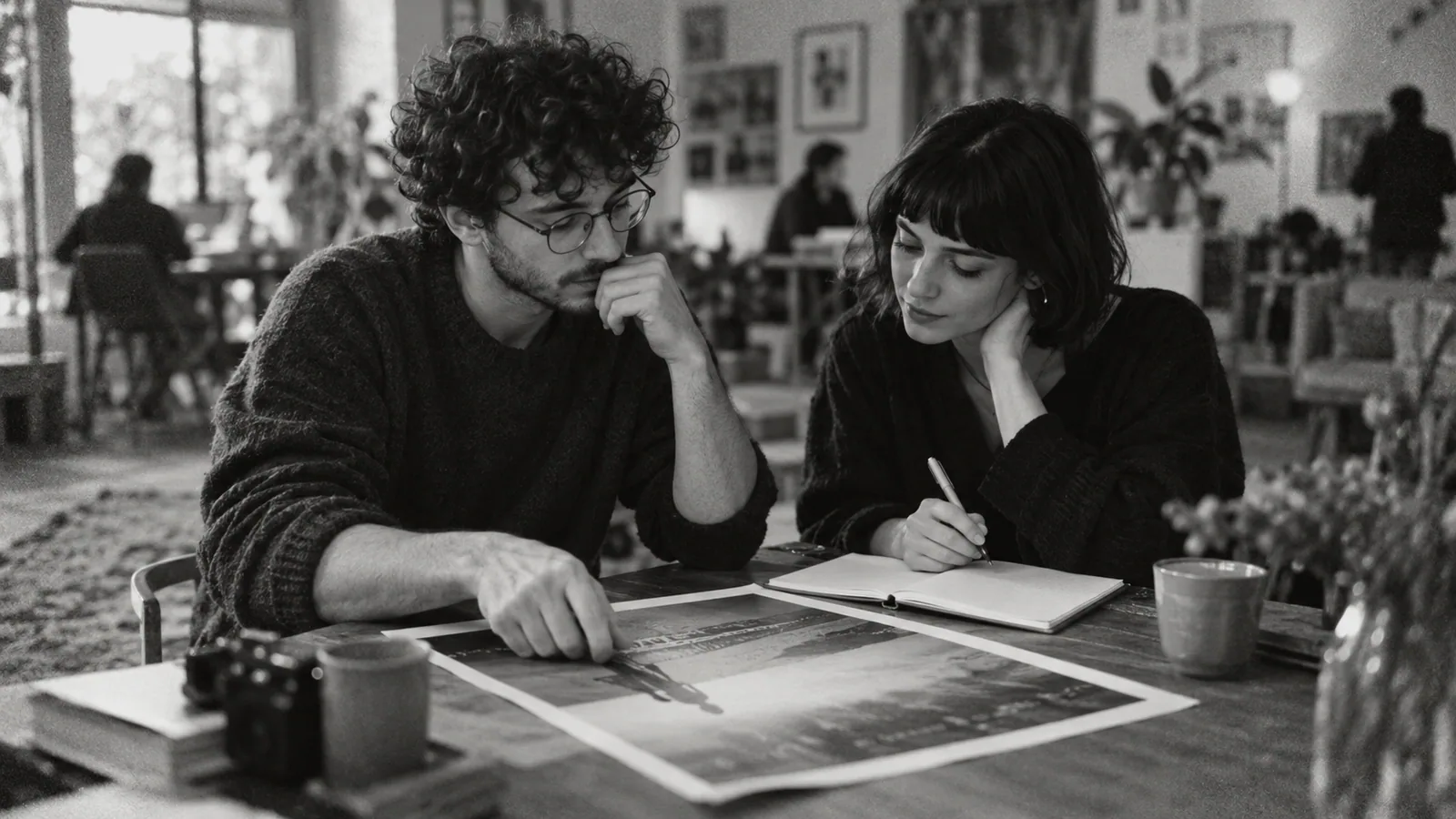 Generated black-and-white editorial photograph: A creative and media planner review a campaign print.