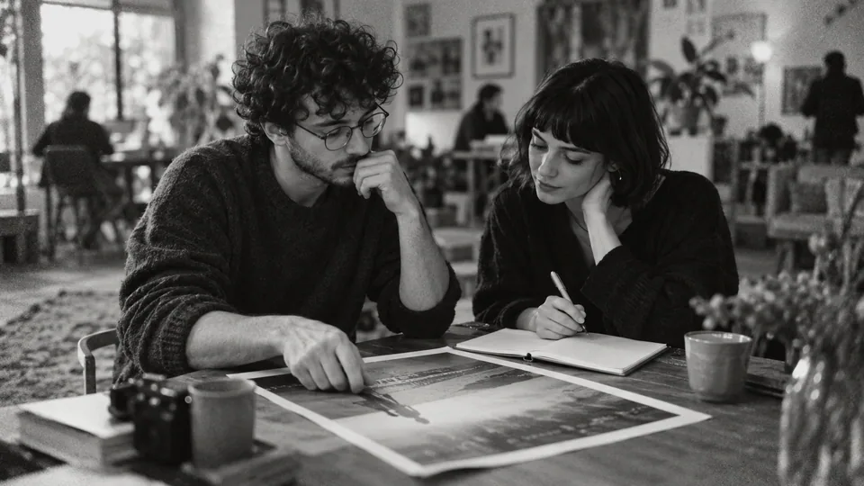 Generated black-and-white editorial photograph: A creative and media planner review a campaign print.