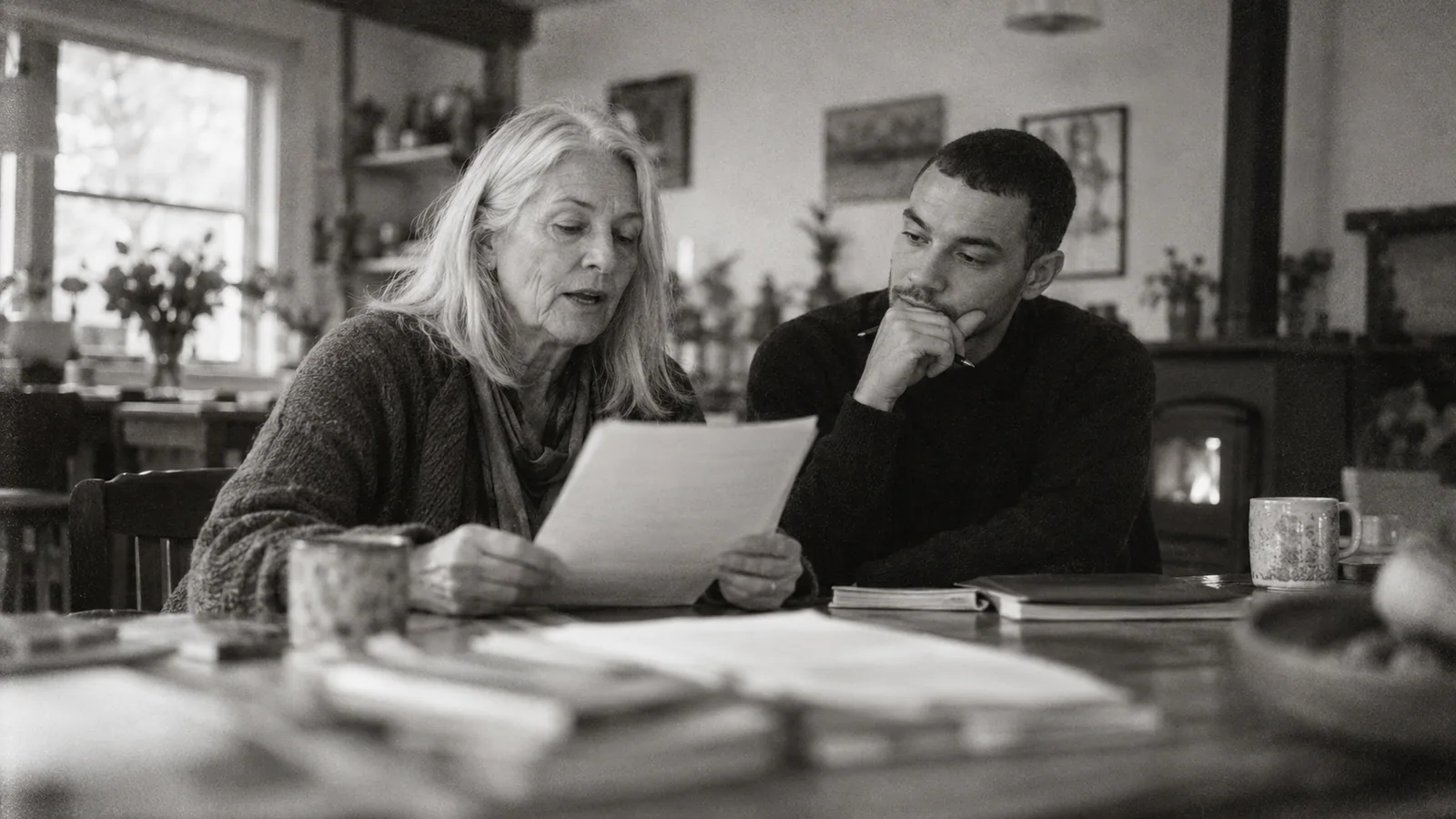 Generated black-and-white editorial photograph: An editor reads a page aloud to a colleague.