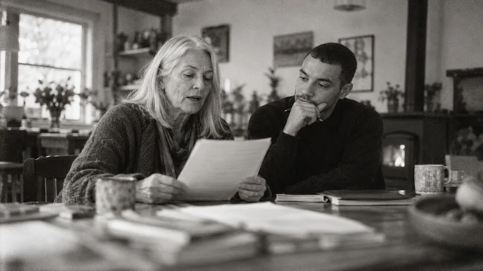 Generated black-and-white editorial photograph: An editor reads a page aloud to a colleague.