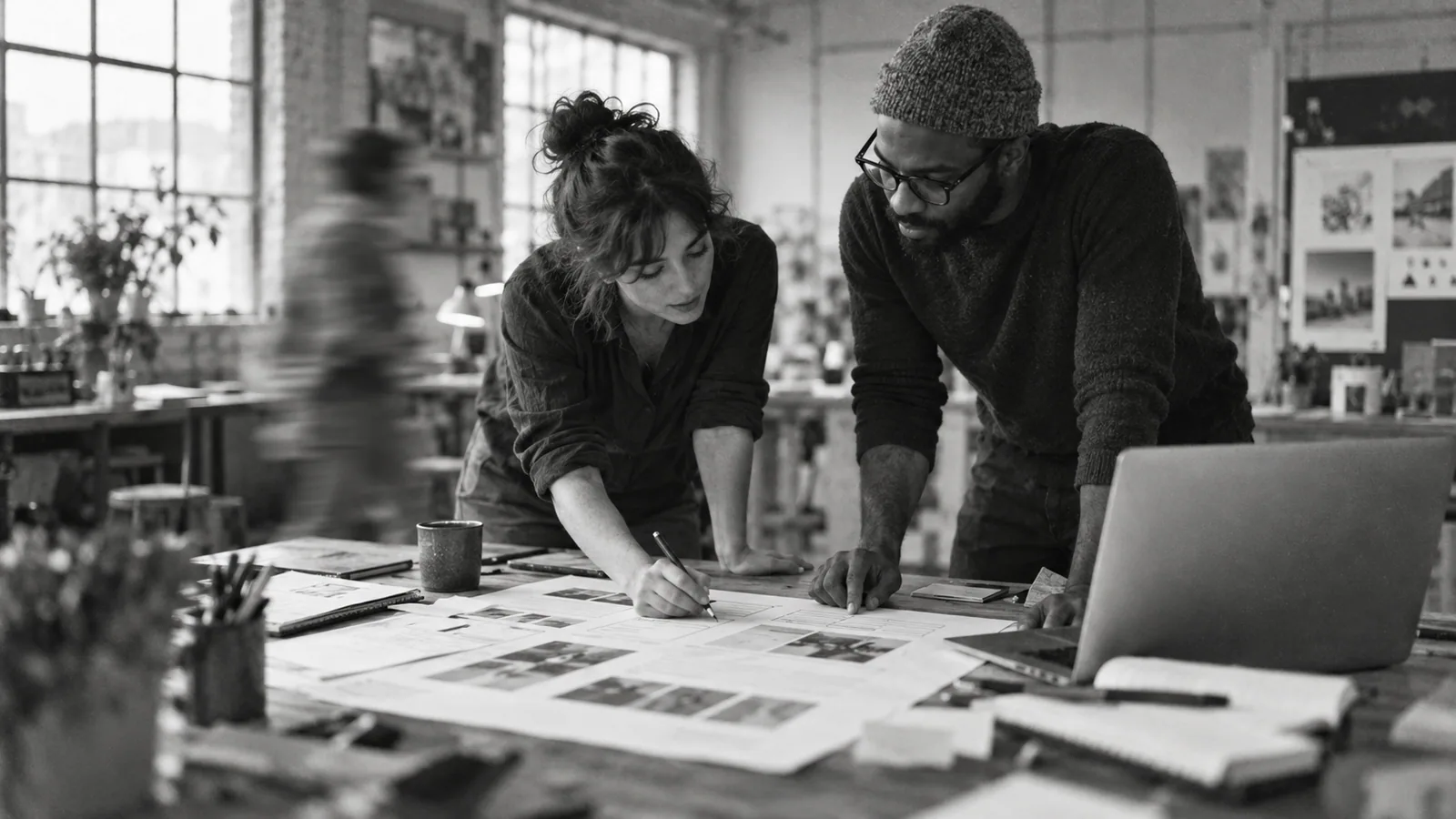 Generated black-and-white editorial photograph: A designer and developer inspect a paper layout together.