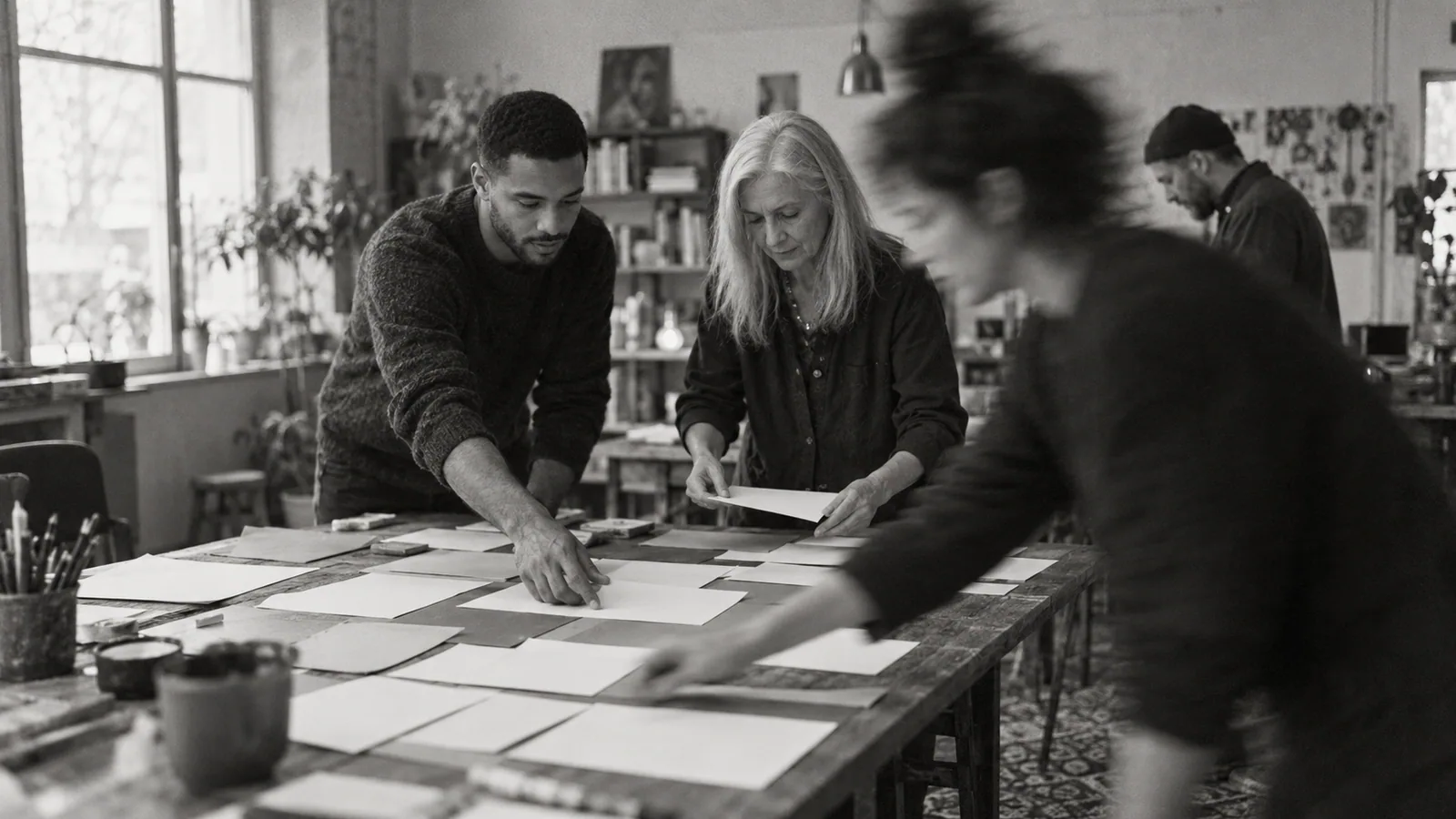 Generated black-and-white editorial photograph: A team arranges paper pieces into a shared project board.