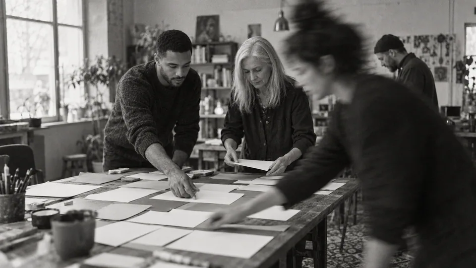 Generated black-and-white editorial photograph: A team arranges paper pieces into a shared project board.
