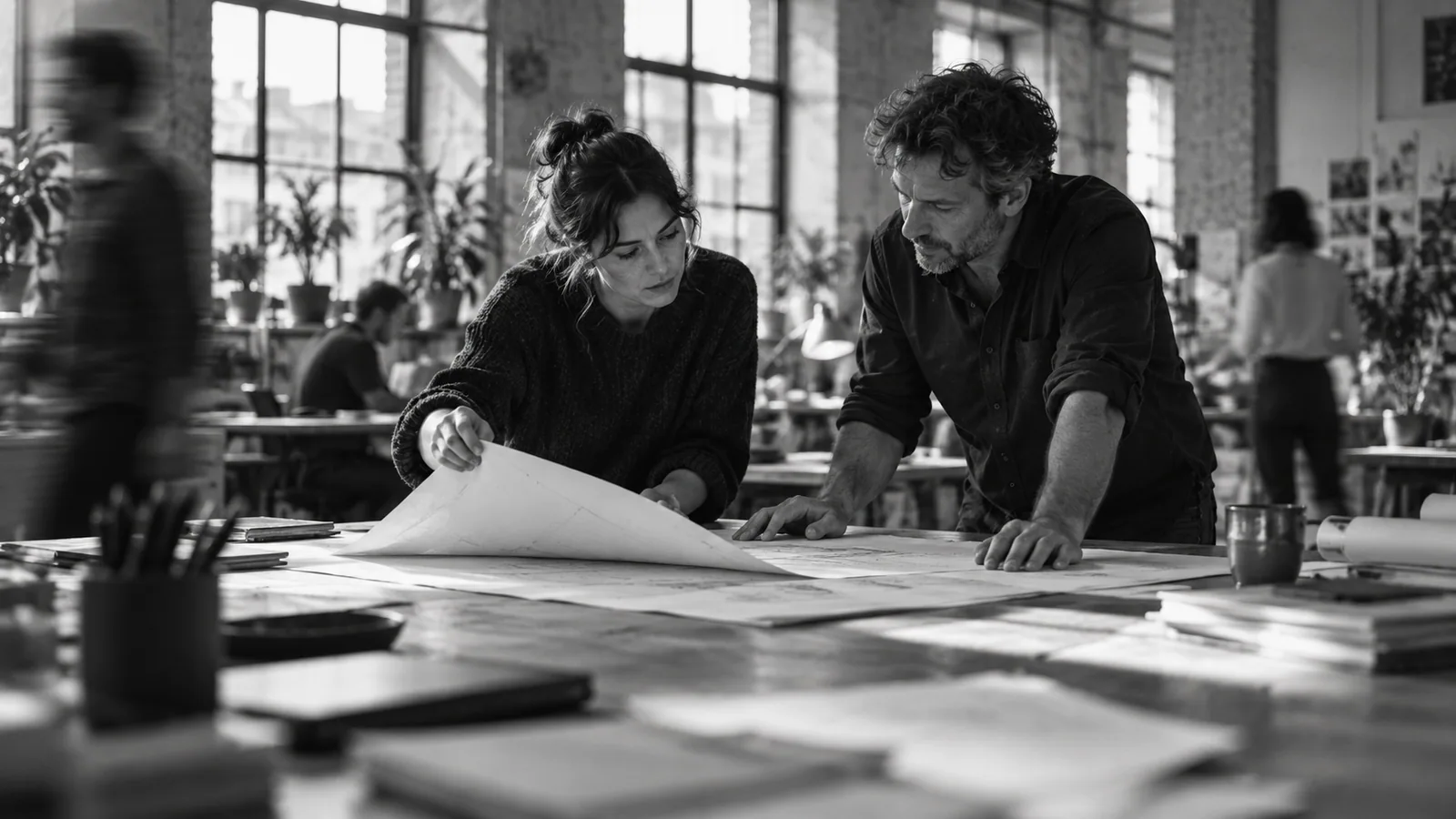 Generated black-and-white editorial photograph: Two collaborators unfold a brief and compare the papers underneath.