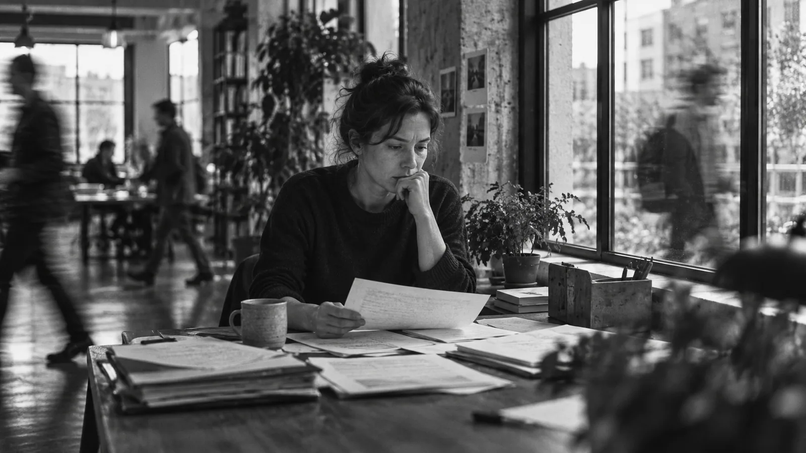 Generated black-and-white editorial photograph: An analyst compares paper notes beside a window.
