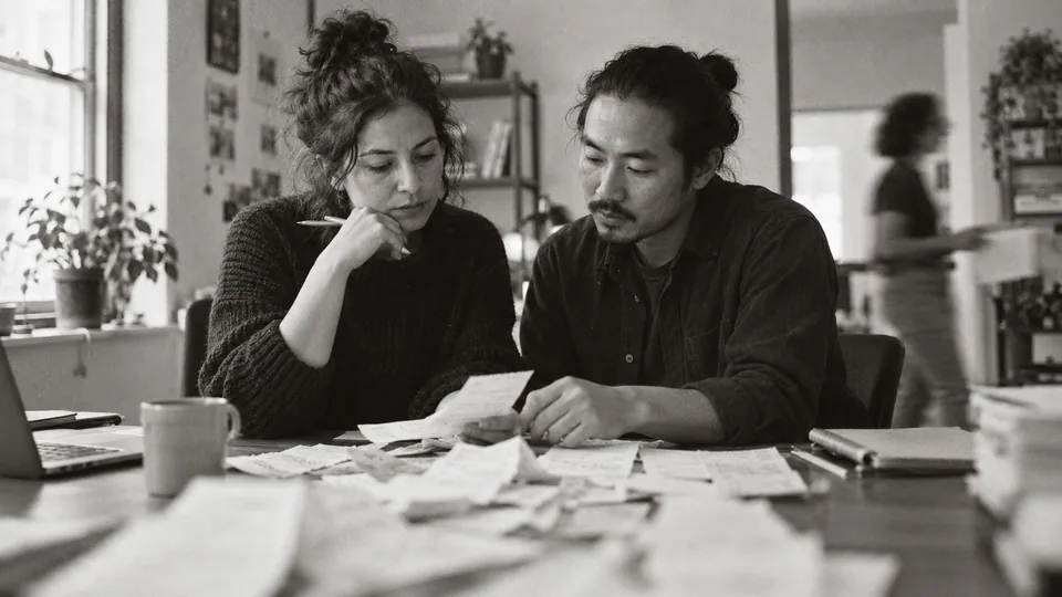 Generated black-and-white editorial photograph: A founder and analyst discuss a stack of receipts.