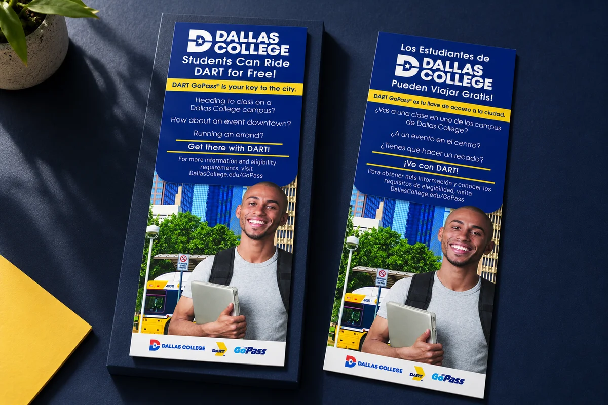 Generated showcase presentation: Dallas College / bilingual rack cards for DART. Full image framing.
