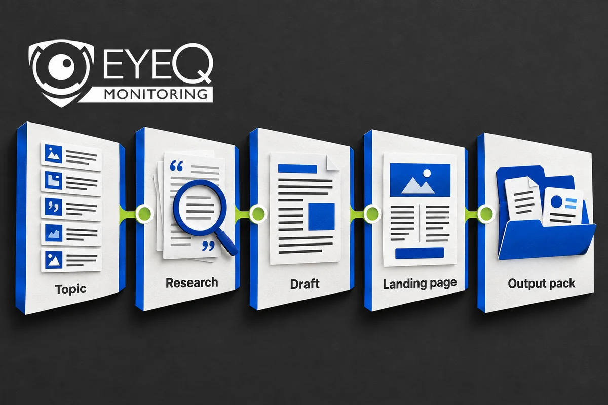From topic to output pack / content workflow for EyeQ Monitoring.