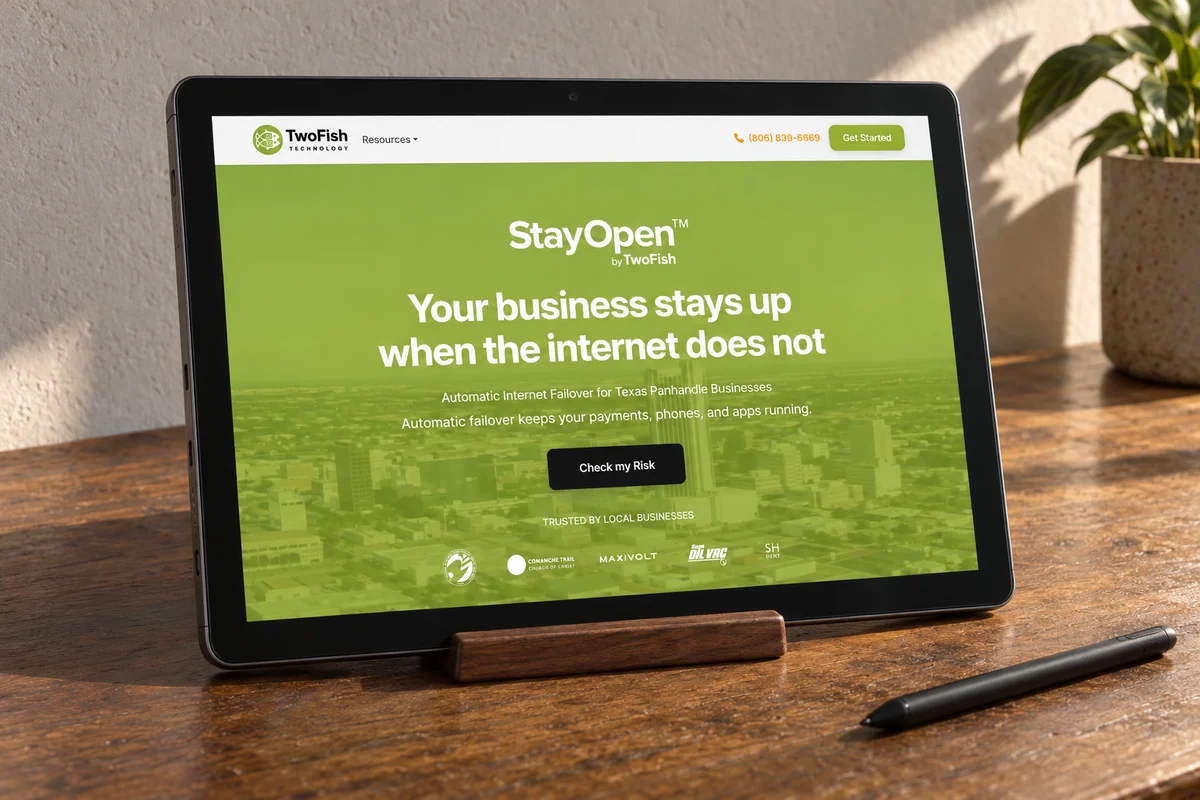StayOpen / authored landing page on tablet for Two Fish Technology.