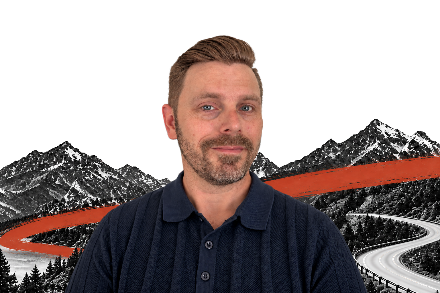 Michael Sebastian in a mountain photo collage with a red painted sweep