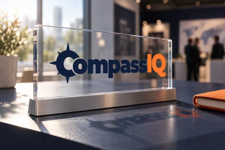 CompassIQ — product-study acrylic desk sign for CompassIQ.